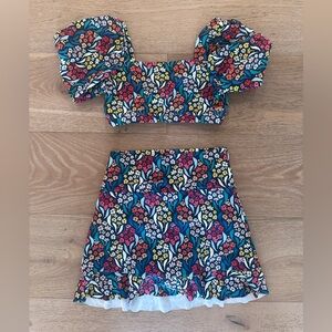 Albion Fit Floral Puff Sleeve Crop Top and Skirt Swimsuit